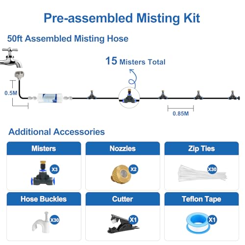 Pre-Assembled Misters for Outside Patio,Outdoor Misting System,50FT|15M. | Backyard Water Cooling Mist Kit for Garden,Greenhouse,Deck,Umbrella,Canopy,Pool,Porch,Trampoline,Park - size: 50FT-Pre-Flt