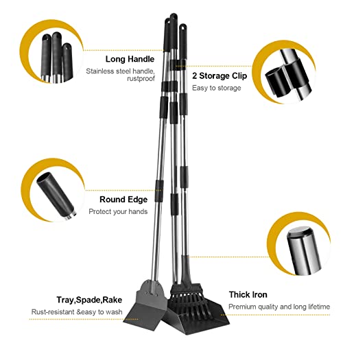 Pooper Scooper for Dogs, Metal Poop Scooper Tray and Rake Set with Adjustable Long Handle, Dog Pooper Scooper for Pet Waste Removal - color: Silver & Black
