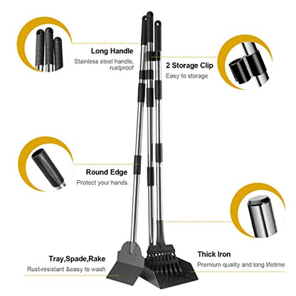 Pooper Scooper for Dogs, Metal Poop Scooper Tray and Rake Set with Adjustable Long Handle, Dog Pooper Scooper for Pet Waste Removal - color: Silver & Black