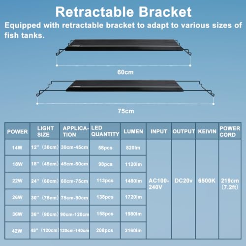 24/7 LED Aquarium Light, IP68 Waterproof Extendable Bracket Fish Tank Light with Timer, 7 Colors, 10 Level Adjustable Brightness, DIY Mode Full Spectrum Aquarium Plant Light for 24-30 Inch Fish Tank - size: 24"-30"