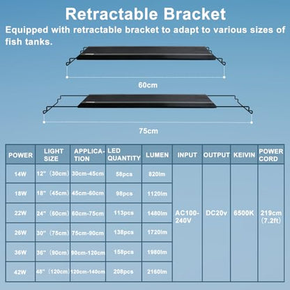 24/7 LED Aquarium Light, IP68 Waterproof Extendable Bracket Fish Tank Light with Timer, 7 Colors, 10 Level Adjustable Brightness, DIY Mode Full Spectrum Aquarium Plant Light for 24-30 Inch Fish Tank - size: 24"-30"