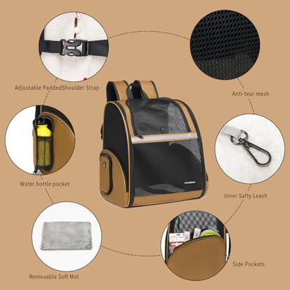 Cat Backpack Carrier for Small Dogs and Medium cat Puppy Kitten Bunny Pet Carrier Backpack Collapsible with Fully Ventilated Mesh with Safety Leash (Brown, 12.9" L x 10.62" W x 15.5" H - M) - color: Brown, size: Medium