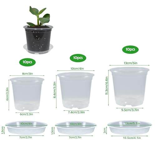 30 Pack 3/4/5 Inch Clear Nursery Pots with Drainage and 30 Pack Plant Saucers, Plant Pots for Plants Transparent Potting Containers for Plants Seeding Starter Pot (Clear, 3/4/5 Inch) - size: 3/4/5 Inch