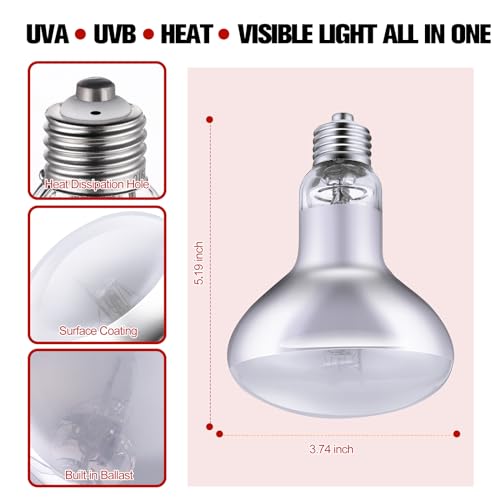 100W Reptile Heat Lamp Bulb Full Spectrum UVA UVB Sun Lamp | Basking Light for Bearded Dragon, Mercury Vapor Bulb for Reptiles and Amphibians - size: 100W