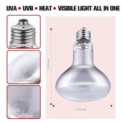 100W Reptile Heat Lamp Bulb Full Spectrum UVA UVB Sun Lamp | Basking Light for Bearded Dragon, Mercury Vapor Bulb for Reptiles and Amphibians - size: 100W