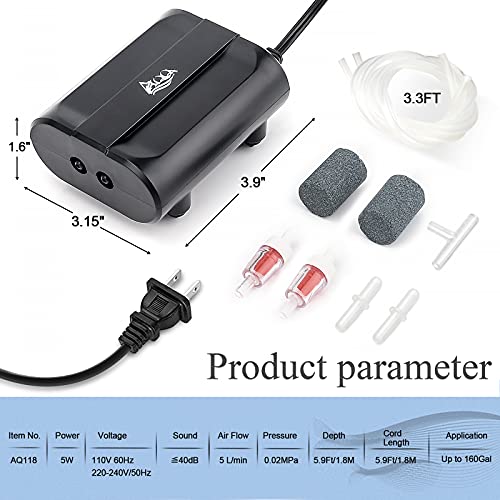 AQQA Aquarium Air Pump,3.5W 5W Dual Outlet Oxygen Pump | with 2 Air Stone,Adjustable Air Valve Quiet Bubbler Pump,Up to 160 Gallon Fish Tank (5w) - size: 5w (for 1-160 gallon)