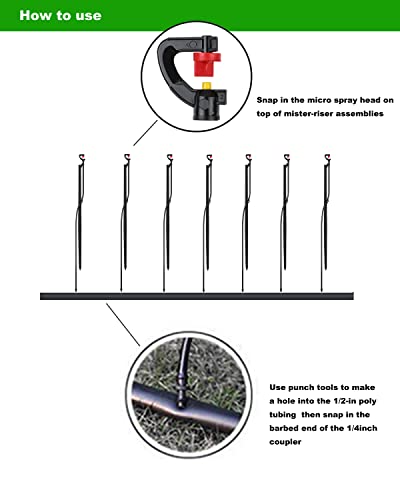 Drip Irrigation Micro Spray Emitter on 20 inch Stake with 1/4" Tubing and Barbed Coupler 180° Half Circle Pattern, 8.5’ Spraying Distance - size: 9 Sets 180° Micro Spray Emitters