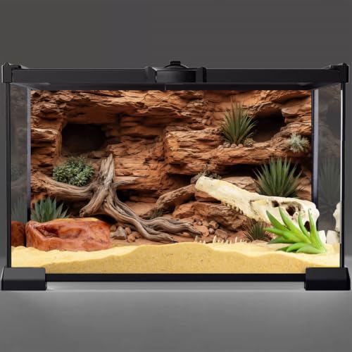 Rock Driftwood Plant Reptile Habitat Background 72x18 In Terrarium Backdrop | AWERT terrarium backdrop with rock walls, driftwood, desert succulents & sand substrate, polyester reptile habitat decor - size: 72x18in/180x45cm