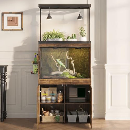 45 Gallon Inclined Reptile Tank with Terrarium Stand, Large Terrarium Reptile Tank Enclosure with Storage Cabinet, Adjustable Shelves and Ventilation Hole Panel, Bearded Dragon Cage, Brown
