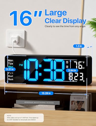 MASHI Digital Wall Clock, 16" Large Display Digital Clock with Remote Control, Auto-Dimming Wall Clock with Night Light, DST, Date Week,Temp for Living Room, Bedroom, Decor, for Elderly - color: Blue