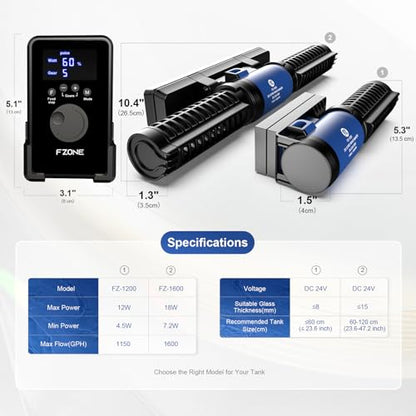 FZONE Aquarium Wave Maker, 24V DC Gyre Wavemaker with LCD Display Controller, Adjustable Cross Flow, Quiet Powerhead with Magnetic Mount for Saltwater & Freshwater Tanks (S) - size: S