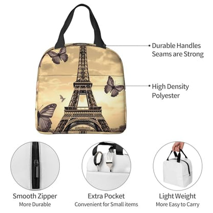 Insulated Lunch Bag Eiffel Tower Flowers and Butterflies Lunch Box for Women Men Reusable Leakproof Lunch Cooler Bag for Office Picnic - color: Eiffel Tower Flowers And Butterflies