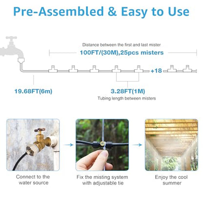 100FT Misters for Outside Patio, 28 Nozzles, 3/4 Inch Brass Adapter | 30M Outdoor Misting System for Patios, Gardens & Greenhouses, Preassembled Misting Line for Flexible DIY Cooling Layouts. - size: 100FT