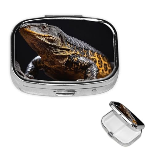 Reptile Monitor Lizard Pill Case Portable Square Pill Box 2 Compartment Pill Organizer Cute Travel Pill Container Vitamin Organizer for Purse Pocket Travel Gift