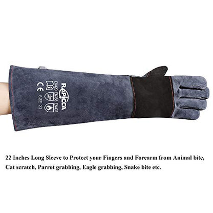 RAPICCA Animal Handling Gloves, Bite Proof Double Leather, 22 in Grey-Black | For Dog, Cat, Bird, Falconry, Snake & Reptile Handling; Vets, Groomers & Animal Control Teams - style: 22 Inches