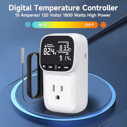 Temperature Controlled Outlet with 16.4ft & 6.5ft 2 Probes, Reptile Thermostat 15A 1800W Digital Thermostat, Heating Cooling Timer with Cyclic Timing/Countdown, -40℉~210℉ for Reptile Incubator - color: White