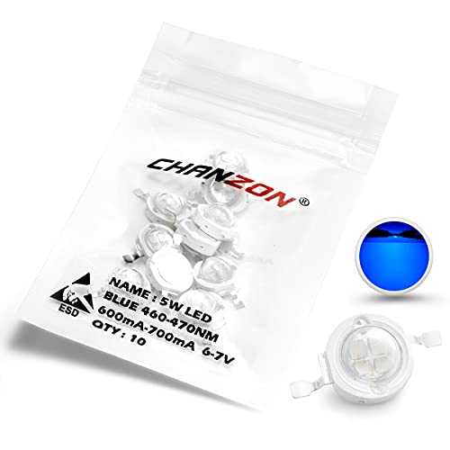 CHANZON 10 pcs High Power Led Chip 5W Blue | (600mA - 700mA / DC 6V - 7V / 5 Watt) Super Bright Intensity SMD COB Light Emitter Components Diode Bulb Beads DIY Lighting - color: H) Blue