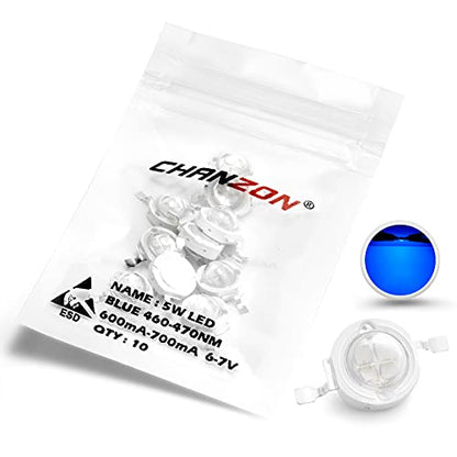 CHANZON 10 pcs High Power Led Chip 5W Blue | (600mA - 700mA / DC 6V - 7V / 5 Watt) Super Bright Intensity SMD COB Light Emitter Components Diode Bulb Beads DIY Lighting - color: H) Blue