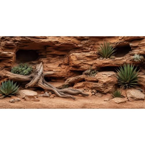 Rock Driftwood Plant Reptile Habitat Background 24x12 In Terrarium Backdrop | AWERT terrarium backdrop with rock walls, driftwood, desert succulents & sand substrate, polyester reptile habitat decor - size: 24x12in/60x30cm