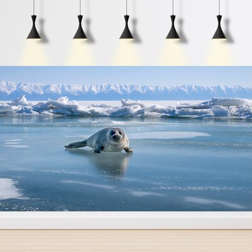 Winter Landscape Aquarium Background Frozen Lake Baby Seal On Lake Ice Fish Tank Background Winter Mountains Frozen Lake Seal Terrarium Backgrounds Wintry Iceberg Reptile Tank Backgrounds 24x12in - color: Light Blue, size: 24(W)x12(H)inches/ 60(W)*30cm(H)
