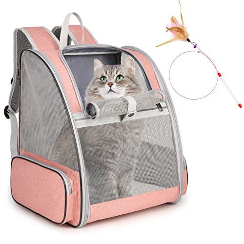 Cat Backpack Carrier, Large Pet Backpack with Kitten Wand Feather Toy for Medium Small Dog Cat Puppy Kitty Bunny up to 15lbs, Ventilated Mesh Dog Travel Carrier for Hiking Walking Outdoor Use (Pink) - color: Pink