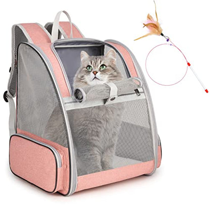 Cat Backpack Carrier, Large Pet Backpack with Kitten Wand Feather Toy for Medium Small Dog Cat Puppy Kitty Bunny up to 15lbs, Ventilated Mesh Dog Travel Carrier for Hiking Walking Outdoor Use (Pink) - color: Pink