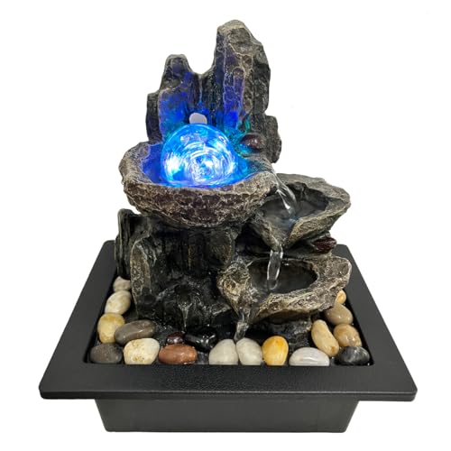 Indoor Tabletop Water Fountain Rotating Ball Rock Waterfall Fountain with Colorful Lights and Natural River Rocks, Zen Meditation for Home Office Decor (A) - color: A