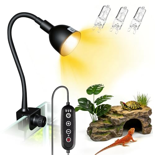 COOSPIDER 50W Turtle Basking Light Reptile Heat Lamp with Clamp & Timer | Fixture 360° Rotatable Hose with 2 Spare G9 Base Bulbs for Plants Small Reptiles Bearded Dragon Lizard Snake