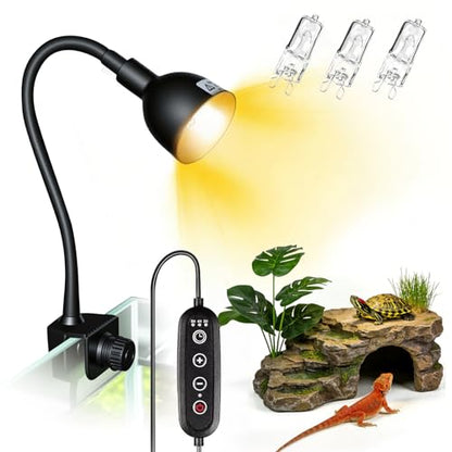 COOSPIDER 50W Turtle Basking Light Reptile Heat Lamp with Clamp & Timer | Fixture 360° Rotatable Hose with 2 Spare G9 Base Bulbs for Plants Small Reptiles Bearded Dragon Lizard Snake