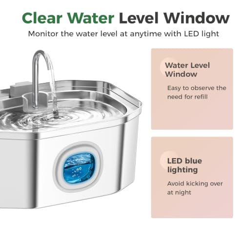 Cat Water Fountain, Apauk 108oz/3.2L Silent cat Water Fountain Stainless Steel, Cat Fountain, Automatic Pet Water Fountain,Dog Bowl, Controllable Blue Light - (2 Filters& 2 Sponges)