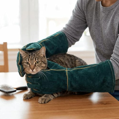 Animal Handling Gloves Thick Cowhide and Canvas 23.62 in Long Dark Green for Dog Cat Bird Lizard Training
