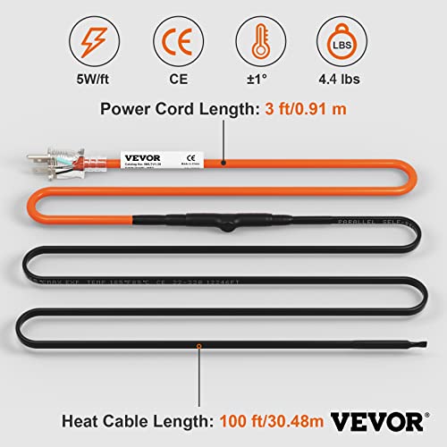VEVOR Self-Regulating Pipe Heating Cable, 100-feet 5W/ft Heat Tape for Pipes Freeze Protection, Protects PVC Hose, Metal and Plastic Pipe from Freezing, 120V - size: 100 Feet