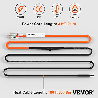 VEVOR Self-Regulating Pipe Heating Cable, 100-feet 5W/ft Heat Tape for Pipes Freeze Protection, Protects PVC Hose, Metal and Plastic Pipe from Freezing, 120V - size: 100 Feet