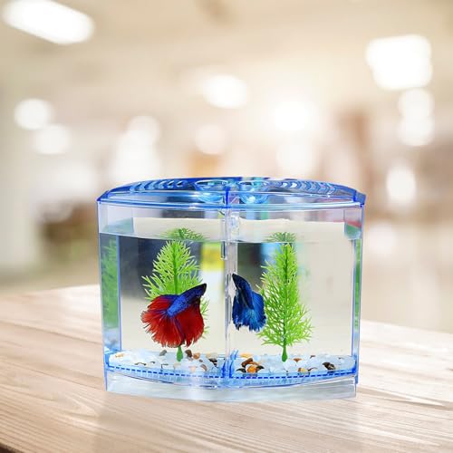 Mipcase Acrylic Mini Fish Tank Transparent Desktop Aquarium 7.08 X 5.51 X 3.54 in Small Breeding Tank with 2 Luminous Aquatic Plants for Goldfish Home Decor Bedroom Porch Desk