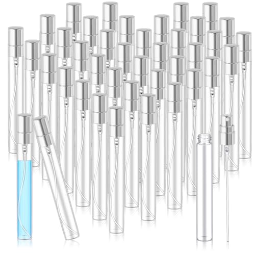 Zhehao 50 Pcs Mini Spray Bottles 10 ml Clear Glass Perfume Bottles Refillable Fine Mist Perfume Atomizer Portable Empty Sample Containers for Cleaning, Essential Oils, Travel (Silver Cap) - color: Silver Cap, size: 10 Ml