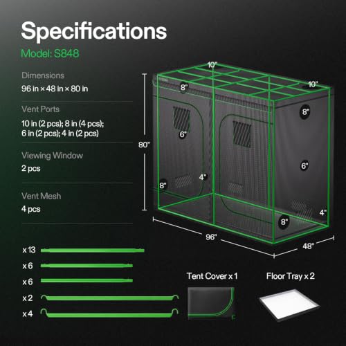 VIVOSUN S848 4x8 Grow Tent 96"x48"x80" High Reflective Mylar Tent | Easy View Observation Window & Floor Tray, 100% Reflective Mylar Interior, Sturdy Metal Frame for Hydroponic Setup - size: 96"x48"x80"