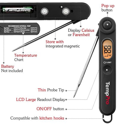 TempPro Digital Meat Thermometer with Temperature Indicator, Instant Read Food Thermometer with Pop-up Meat Probe and Backlight for Oil Deep Fry Smoker BBQ Grill Kitchen Candy (Previously ThermoPro) - color: Pitch-black