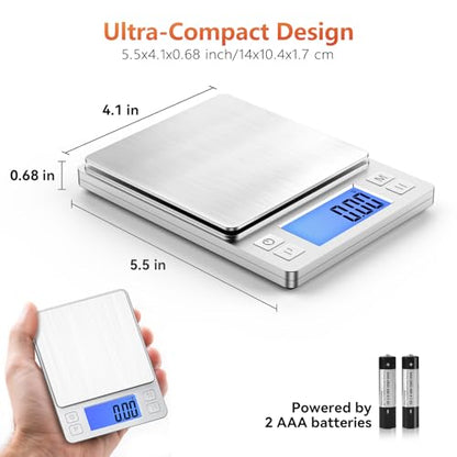 BOMATA 0.01g High Precision Jewelry Scale, 1000g Digital Gram Scale, Silver | Small & Portable Design with Hold, Tare & Counting Function, Precise for Gold, Bullion, Coins, Gemstones & Crafts - color: Silver