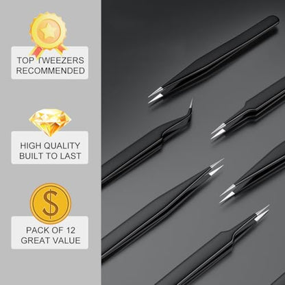 Antonki 12-in-1 Precision Metal Tweezers Set with Leather Case | High Quality, 1.5mm Thick, Strong Hardness, Rustproof, Anti-Static, Tips Cover, Complete Set, Portable Design - color: Precision Tweezers 12 Pack W/ Case - Black