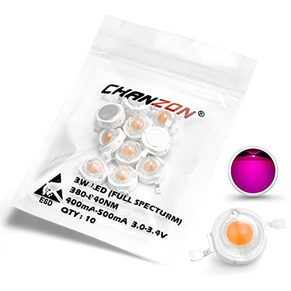 CHANZON 10pcs High Power Led Chip 3W Full Spectrum Plant Grow Light | (380nm - 840nm / 400mA - 500mA / DC 3V - 3.2V / 3 Watt) SMD COB Emitter Diode Components for DIY Hydroponic Flowers Growing - color: P) Full Spectrum (380-840nm)