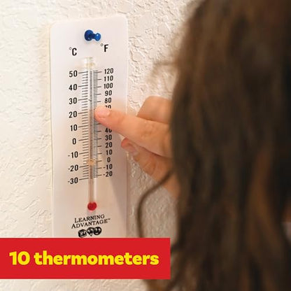 LEARNING ADVANTAGE Student Thermometers, Set of 10, Dual-Scale | Mercury-Free, Easy to Read, Indoor Science and Classroom Use