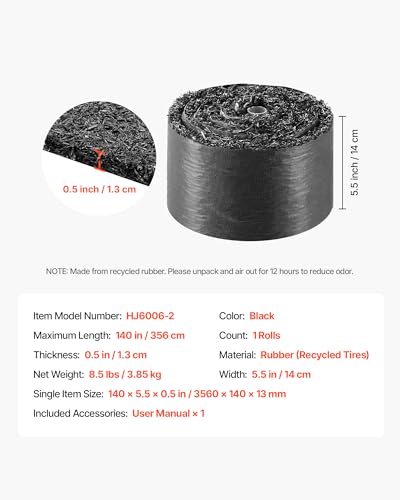 VEVOR Rubber Mulch Mat Roll, 140 x 4.5 in, Recycled Rubber Permanent Mulch Edging Border, Natural-Looking Flower Barrier with Stakes, 0.5 in Thick Cuttable Garden Edgings for Landscaping