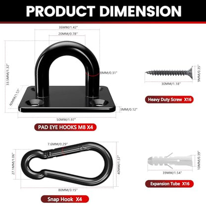 304 Stainless Steel Pad Eye Snap Hook,M8 Ceiling Hook 1200Lb,8Pcs | Hanging Kit with Screws for Hammock Chair Swing, Yoga Gym Equipment, Sun Shade Sail, Plant Hangers & Marine Boat Hardware - size: 3.15 inch, style: Black Square