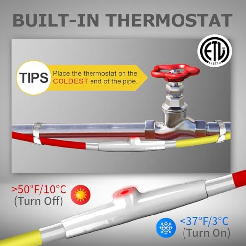 55ft Heat Tape with Thermostat, Electric Pipe Heating Cable 7W/ft | Heated Tape for Water Pipes, Energy-Saving Water Line Heater Trace Cable for Metal & Plastic Home Pipes, 120V