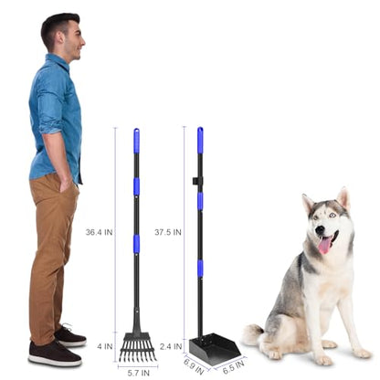 Pooper Scooper, Dog Pooper Scooper Tray and Rake Set with Adjustable Stainless Steel Long Handle for Large Medium Small Dogs (Blue) - color: Blue