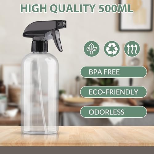 Bynccea Plastic Spray Bottles 2 Pack Clear Empty Spray Bottle 16oz 500ml Squirt Bottle Sprayer for Hair, Cleaning, Plants