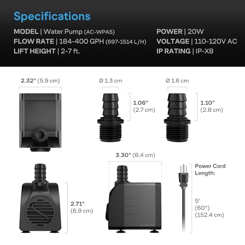 AC Infinity 400 GPH Submersible Water Pump (1514 L/H 20W) | Ultra Quiet Fountain Pump w/ 3 ft High Lift, 5 ft Power Cord, for Fish Tanks, Aquariums, Fountains, Statuaries, Ponds, Pools - size: 400 GPH