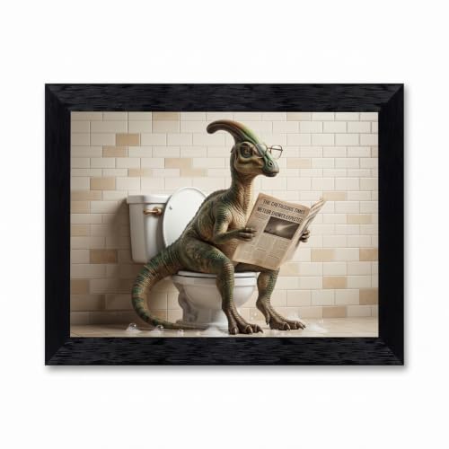 Framed Canvas Wall Art Hyper-Realistic 3D Parasaurolophus on Toilet Green Reptile Textures Canvas Print Poster Black Frame Wall Decor for Bathroom Restroom Quirky Decor, Fine Art - Inch 8x10 - color: Multicolor Art 2, size: 10"L x 8"W