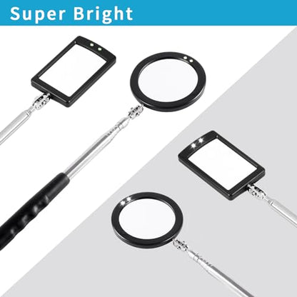 2 Pieces Telescoping Inspection Mirror LED Light Set with Large 3.75" Round Mirror, and 3.3" Square Mirror, Flexible 360 Swivel, for Inspection Viewing, Mechanic Checking, Observation - style: 3.75" Round & 3.3" Square