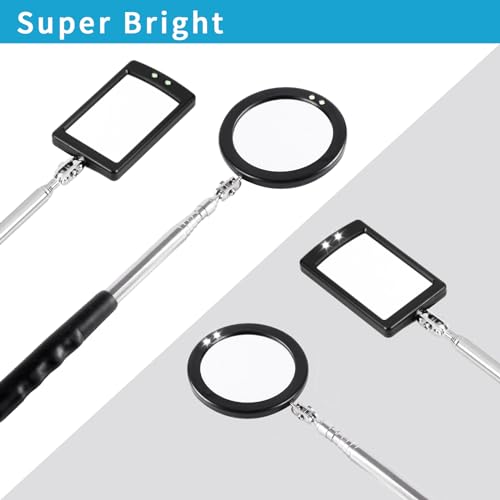 2 Pieces Telescoping Inspection Mirror LED Light Set with Large 3.75" Round Mirror, and 3.3" Square Mirror, Flexible 360 Swivel, for Inspection Viewing, Mechanic Checking, Observation - style: 3.75" Round & 3.3" Square